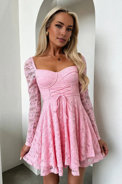 Classic A-Line Square Neck Long Sleeve Pleated Ruffles Lace Short-Mini Homecoming Dress