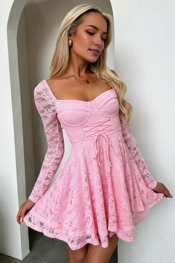 Classic A-Line Square Neck Long Sleeve Pleated Ruffles Lace Short-Mini Homecoming Dress