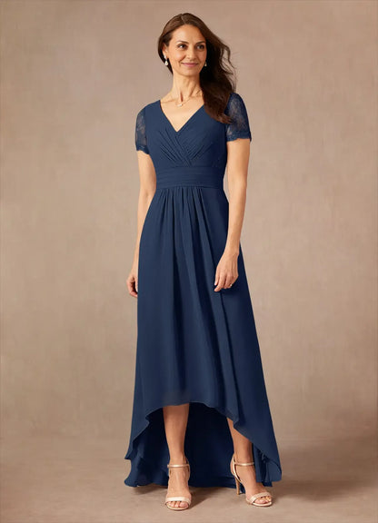 Classic A-Line V-Neck Short Sleeves Back Zip Asymmetrical-Length Mother of the Bride Dress