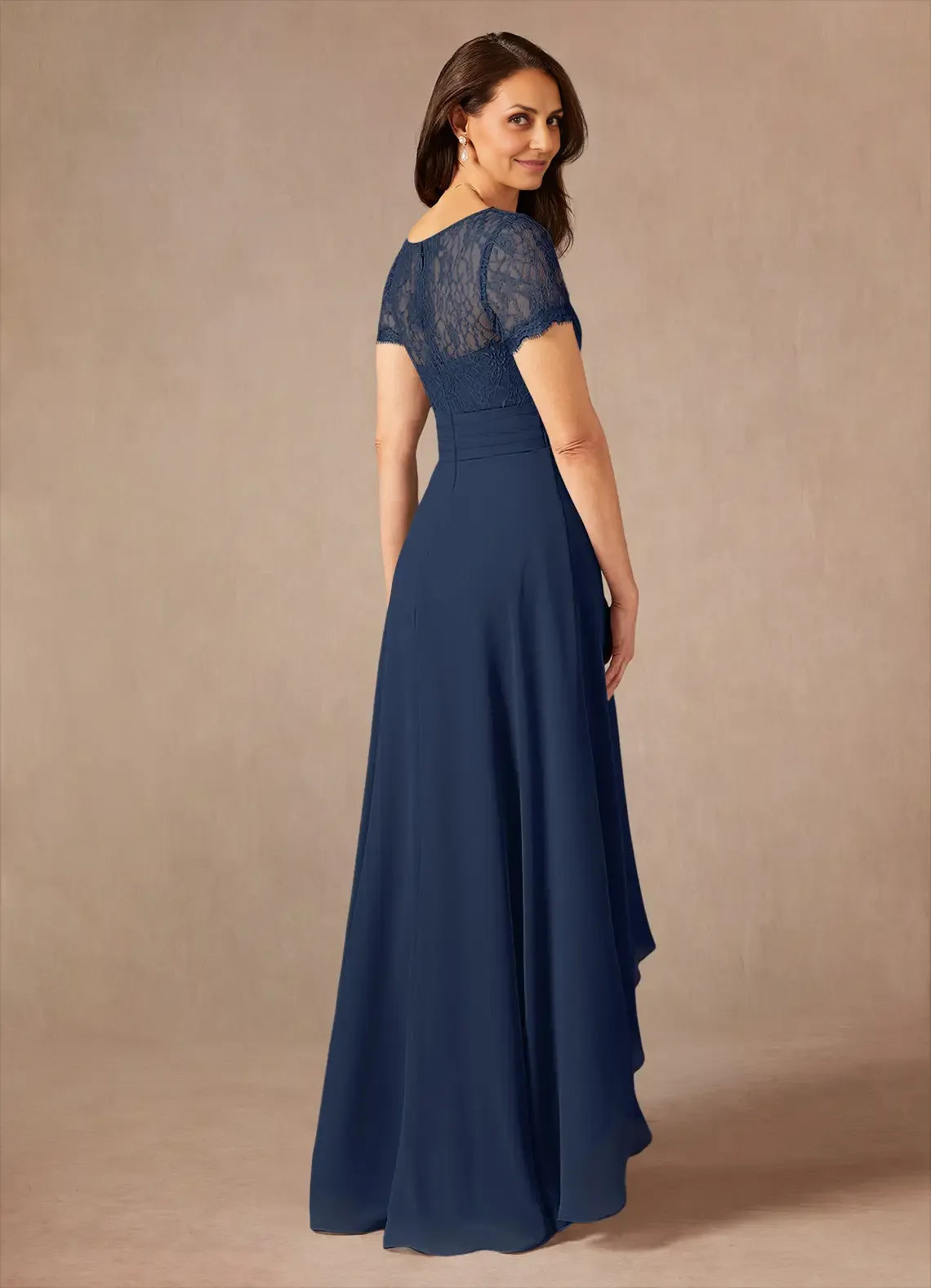Classic A-Line V-Neck Short Sleeves Back Zip Asymmetrical-Length Mother of the Bride Dress