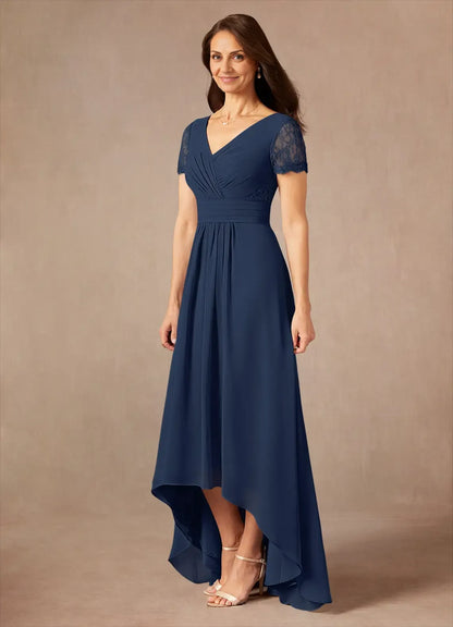 Classic A-Line V-Neck Short Sleeves Back Zip Asymmetrical-Length Mother of the Bride Dress