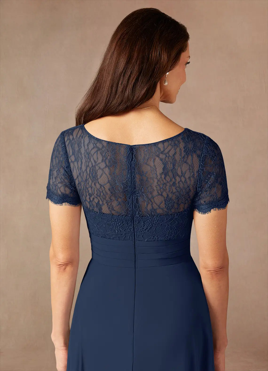 Classic A-Line V-Neck Short Sleeves Back Zip Asymmetrical-Length Mother of the Bride Dress