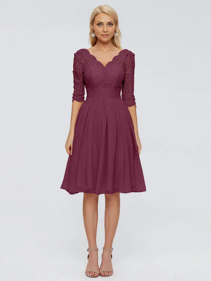 Classic A-Line V-neck Half Sleeves Chiffon Knee-Length Mother of the Bride Dress