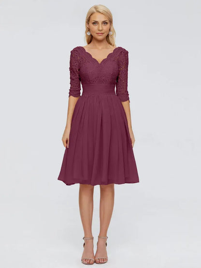 Classic A-Line V-neck Half Sleeves Chiffon Knee-Length Mother of the Bride Dress