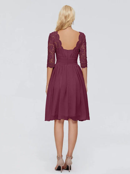 Classic A-Line V-neck Half Sleeves Chiffon Knee-Length Mother of the Bride Dress