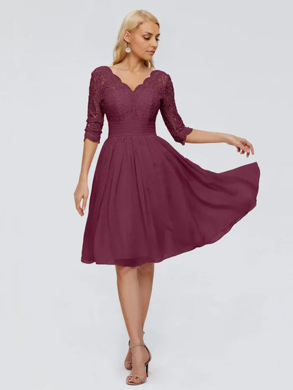 Classic A-Line V-neck Half Sleeves Chiffon Knee-Length Mother of the Bride Dress