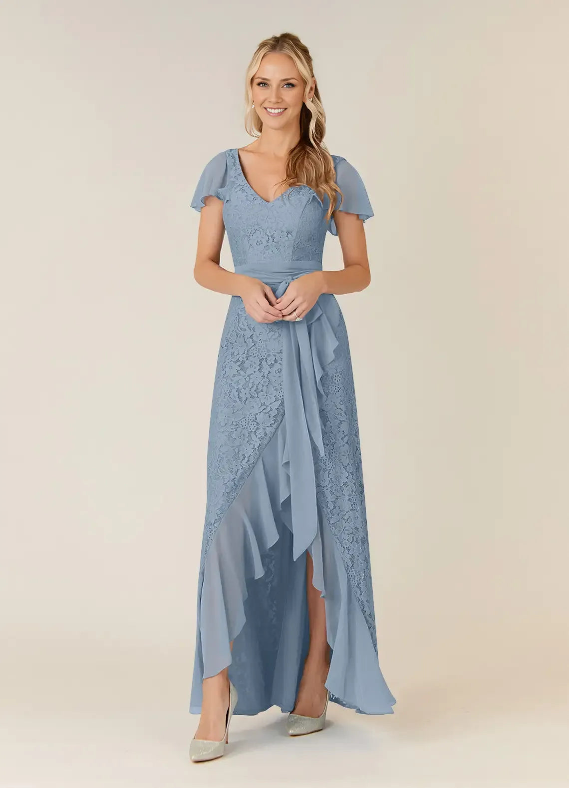 Classic A-Line V Neck Flutter Sleeve Back Zip Asymmetrical-Length Mother of the Bride Dress