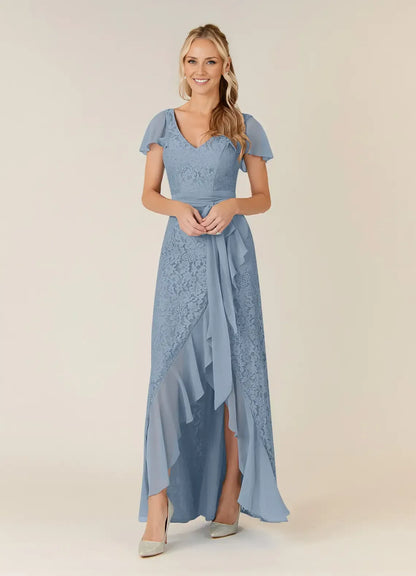 Classic A-Line V Neck Flutter Sleeve Back Zip Asymmetrical-Length Mother of the Bride Dress