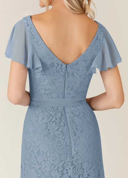 Classic A-Line V Neck Flutter Sleeve Back Zip Asymmetrical-Length Mother of the Bride Dress