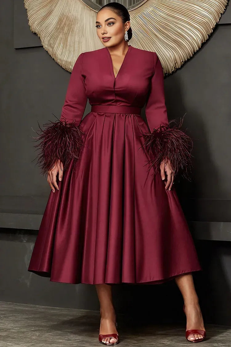 Classic A-Line V Neck Long Sleeve Feather Satin Plus Size Midi Length Prom Dress