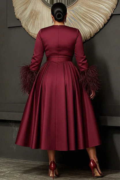 Classic A-Line V Neck Long Sleeve Feather Satin Plus Size Midi Length Prom Dress