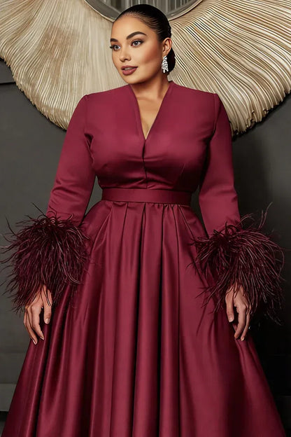 Classic A-Line V Neck Long Sleeve Feather Satin Plus Size Midi Length Prom Dress