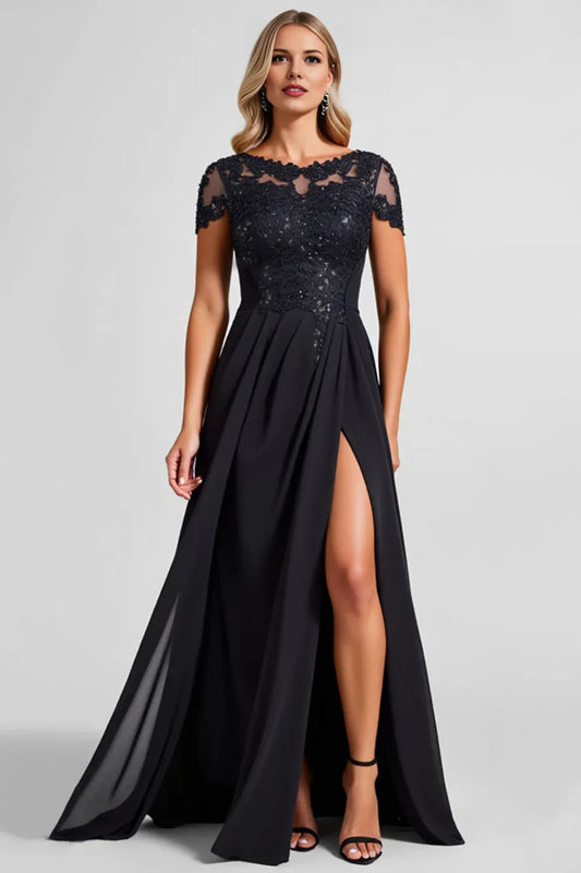Classic A Line Illusion Boat Neck Cap Sleeve Sequins Floor-Length Evening Dress