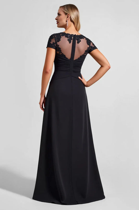 Classic A Line Illusion Boat Neck Cap Sleeve Sequins Floor-Length Evening Dress