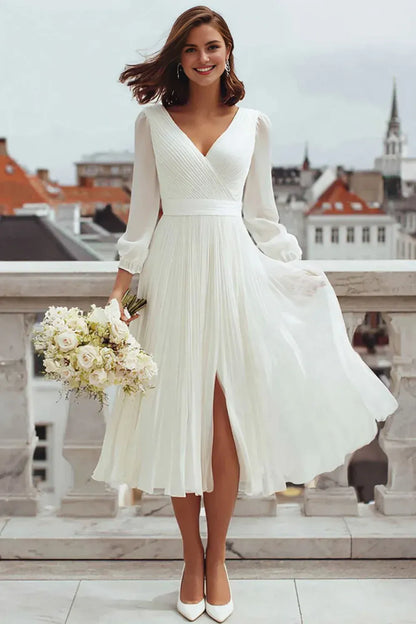 Classic A Line Long Sleeve V Neck Chiffon Slit Tea-Length Wedding Dress