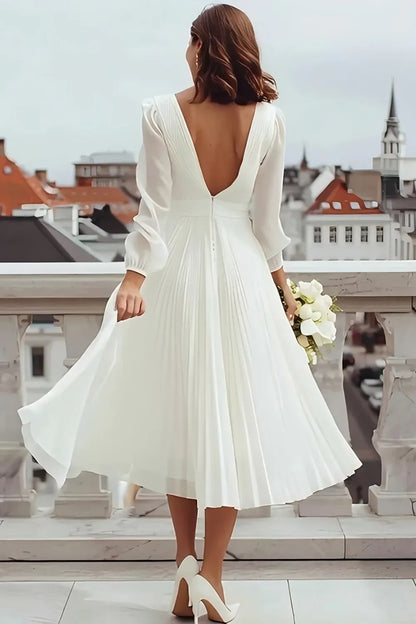 Classic A Line Long Sleeve V Neck Chiffon Slit Tea-Length Wedding Dress