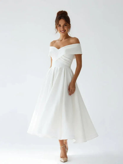 Classic A Line Off the Shoulder Cap Sleeve Pleated Satin Tea Length Wedding Dress