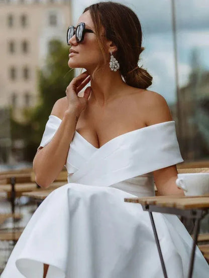 Classic A Line Off the Shoulder Cap Sleeve Pleated Satin Tea Length Wedding Dress
