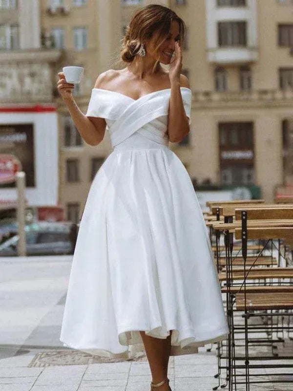 Classic A Line Off the Shoulder Cap Sleeve Pleated Satin Tea Length Wedding Dress