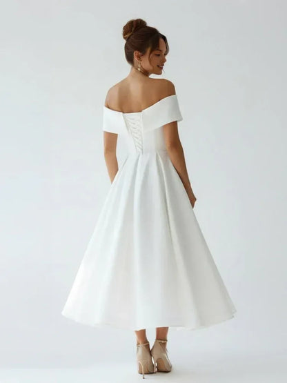 Classic A Line Off the Shoulder Cap Sleeve Pleated Satin Tea Length Wedding Dress