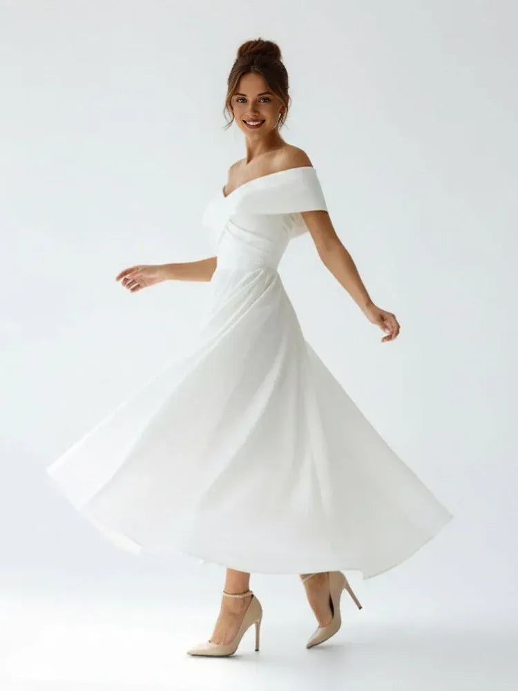 Classic A Line Off the Shoulder Cap Sleeve Pleated Satin Tea Length Wedding Dress