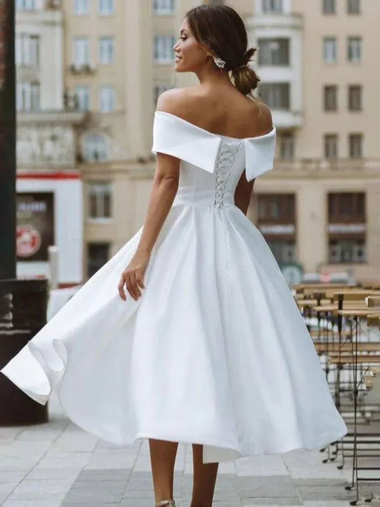 Classic A Line Off the Shoulder Cap Sleeve Pleated Satin Tea Length Wedding Dress