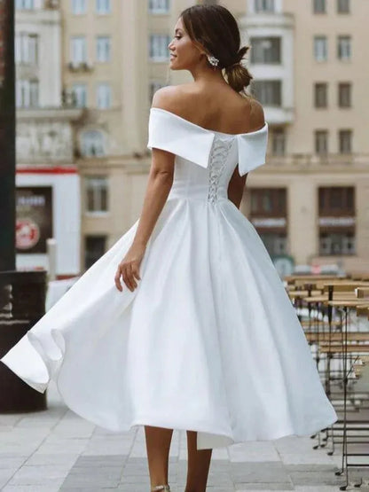 Classic A Line Off the Shoulder Cap Sleeve Pleated Satin Tea Length Wedding Dress