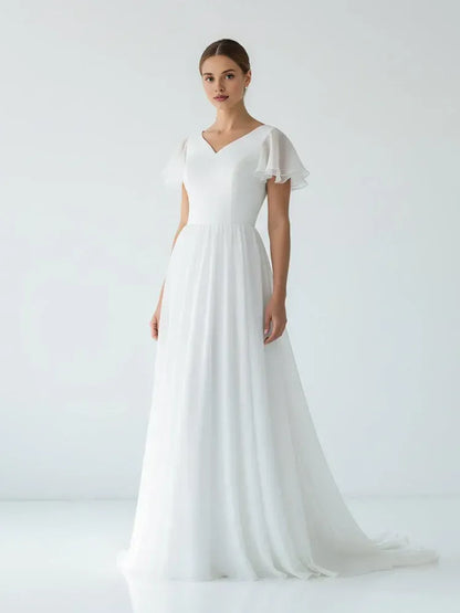 Classic A Line V Neck Short Sleeve Ruffles Chiffon Sweep Train Wedding Dress