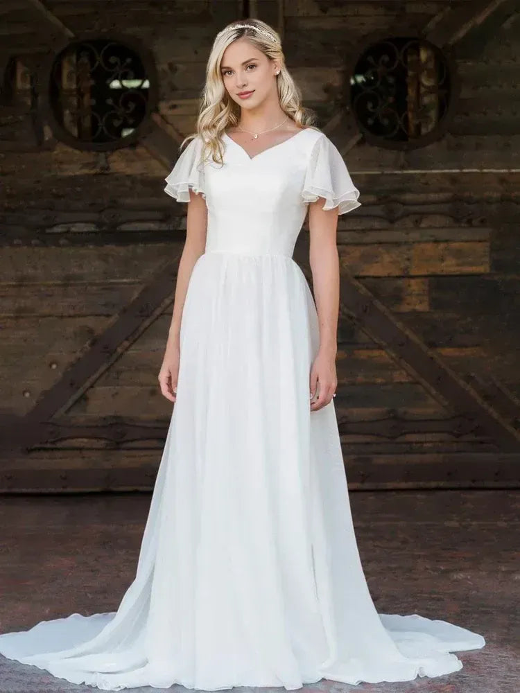 Classic A Line V Neck Short Sleeve Ruffles Chiffon Sweep Train Wedding Dress
