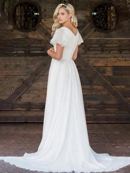 Classic A Line V Neck Short Sleeve Ruffles Chiffon Sweep Train Wedding Dress