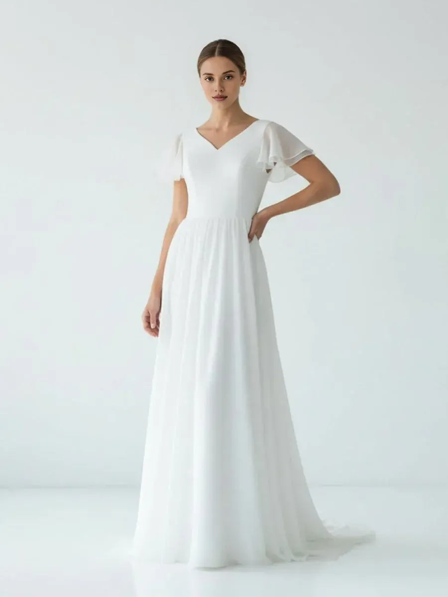Classic A Line V Neck Short Sleeve Ruffles Chiffon Sweep Train Wedding Dress