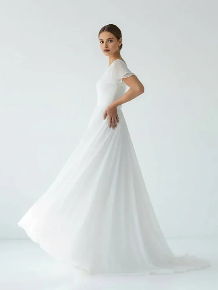 Classic A Line V Neck Short Sleeve Ruffles Chiffon Sweep Train Wedding Dress