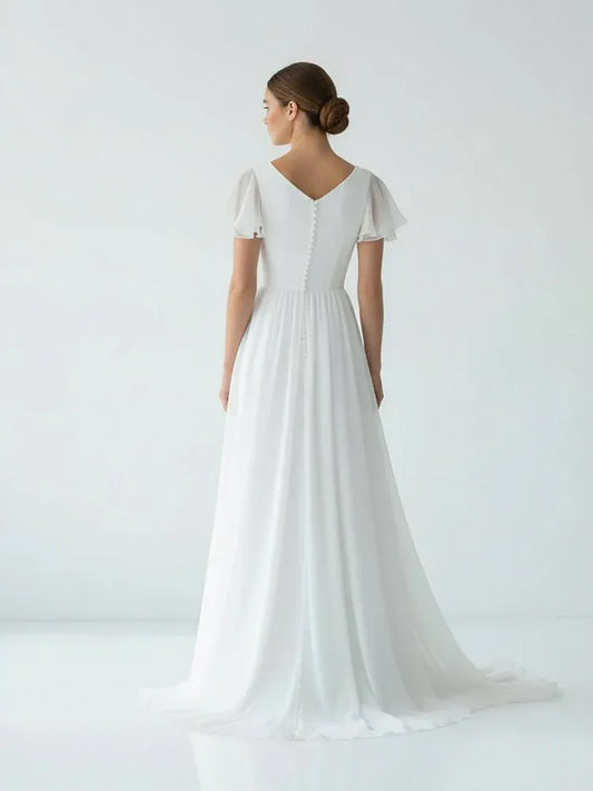 Classic A Line V Neck Short Sleeve Ruffles Chiffon Sweep Train Wedding Dress