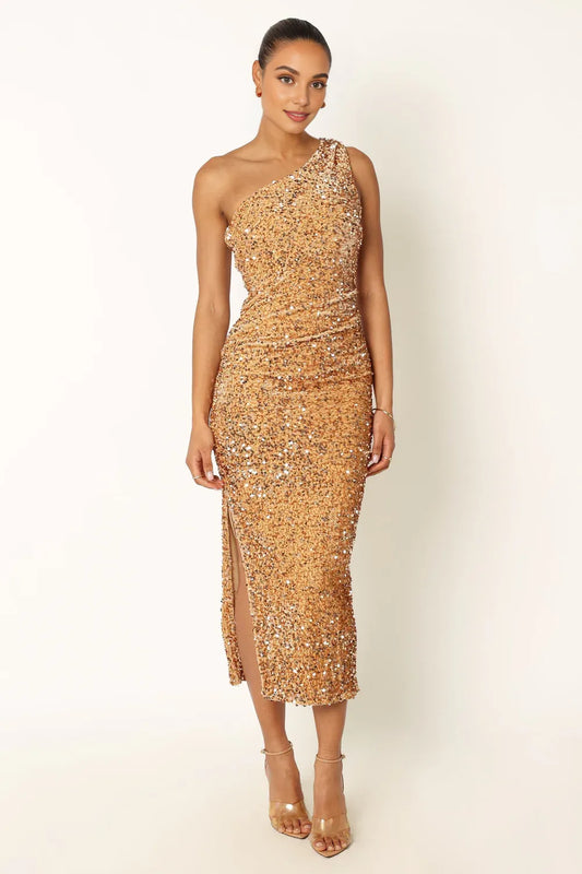 Classic Fitted One Shoulder Sleeveless Sequins Ankle-Length Prom Dress
