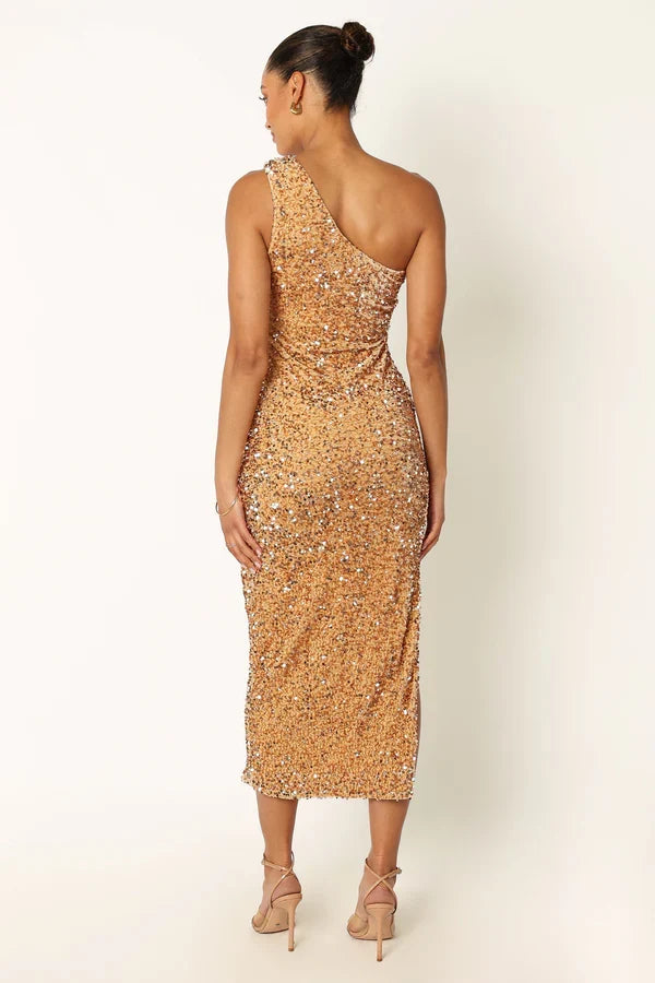 Classic Fitted One Shoulder Sleeveless Sequins Ankle-Length Prom Dress