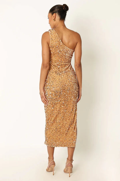 Classic Fitted One Shoulder Sleeveless Sequins Ankle-Length Prom Dress