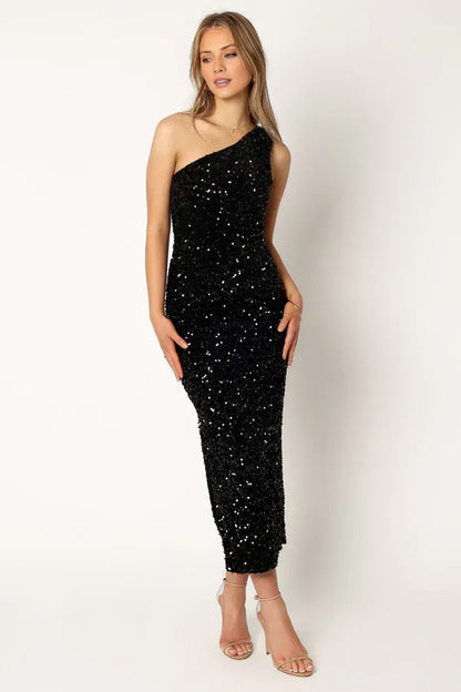 Classic Fitted One Shoulder Sleeveless Sequins Ankle-Length Prom Dress