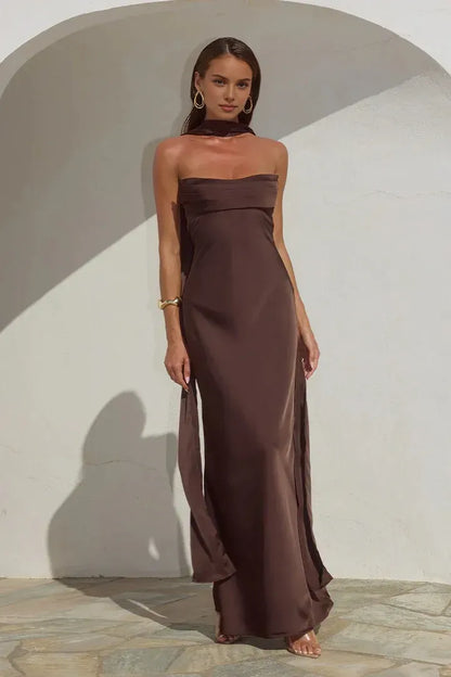 Simple Fitted Strapless Sleeveless Satin Floor-Length Prom Dress