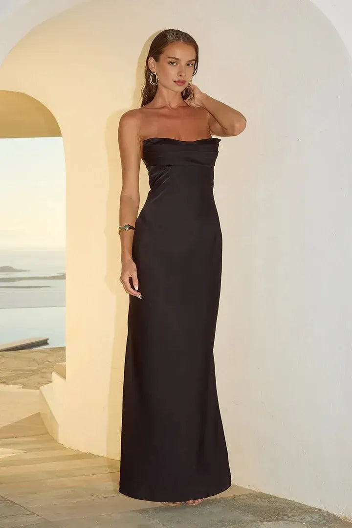 Simple Fitted Strapless Sleeveless Satin Floor-Length Prom Dress