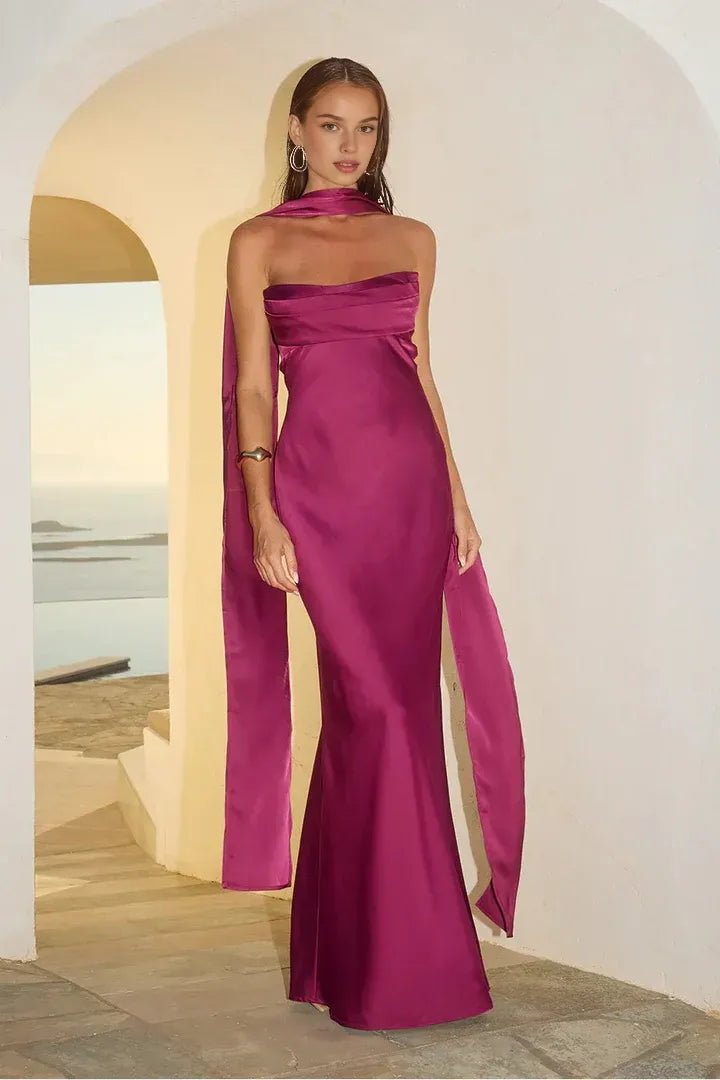 Classic Fitted Strapless Sleeveless Satin Floor-Length Prom Dress