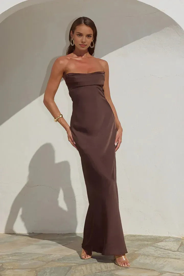 Simple Fitted Strapless Sleeveless Satin Floor-Length Prom Dress
