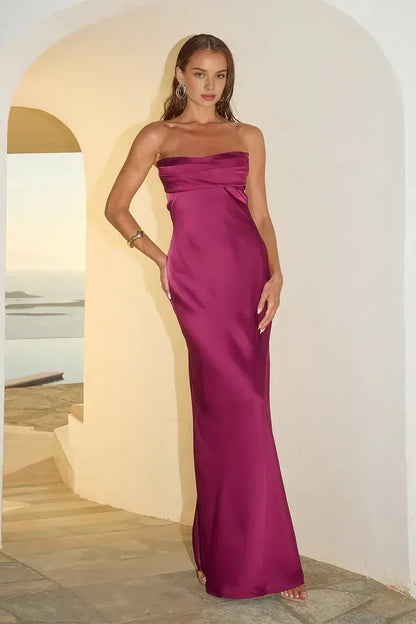 Classic Fitted Strapless Sleeveless Satin Floor-Length Prom Dress