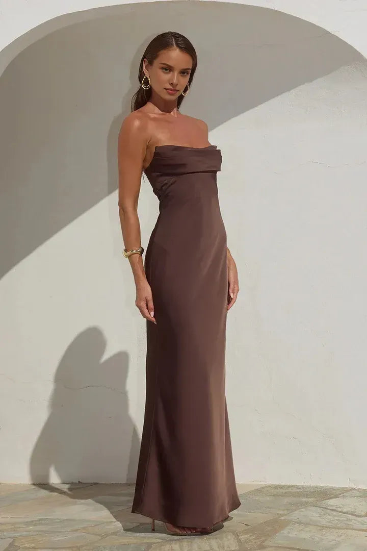 Simple Fitted Strapless Sleeveless Satin Floor-Length Prom Dress