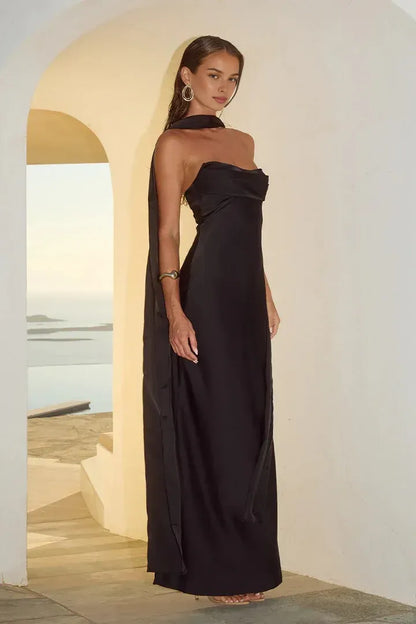 Simple Fitted Strapless Sleeveless Satin Floor-Length Prom Dress