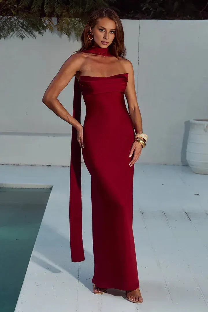 Classic Fitted Strapless Sleeveless Satin Floor-Length Prom Dress