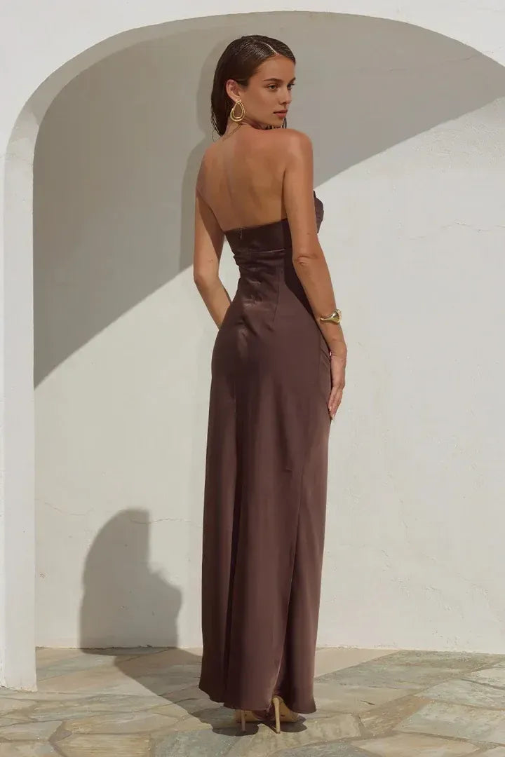 Simple Fitted Strapless Sleeveless Satin Floor-Length Prom Dress