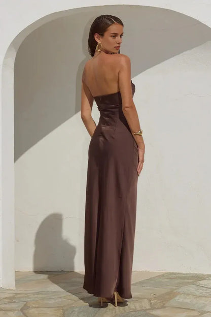 Simple Fitted Strapless Sleeveless Satin Floor-Length Prom Dress