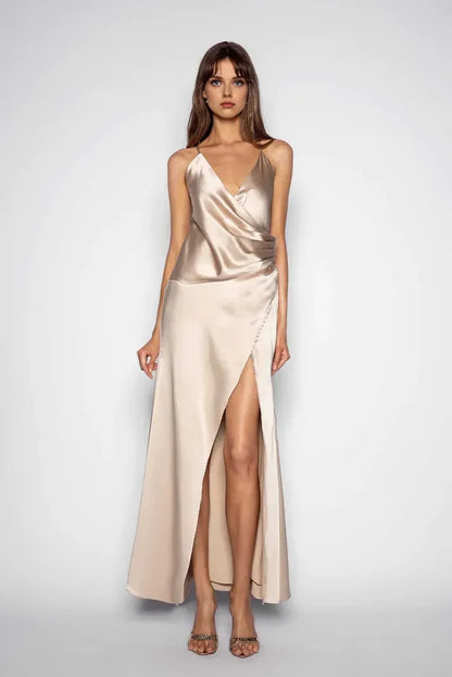 Classic Fitted V Neck Sleeveless Satin Floor-Length Prom Dress