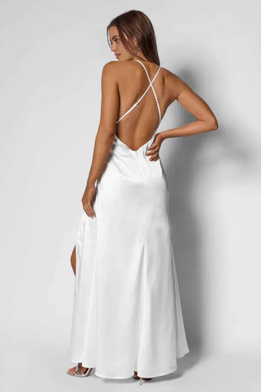 Classic Fitted V Neck Sleeveless Satin Floor-Length Wedding Dress