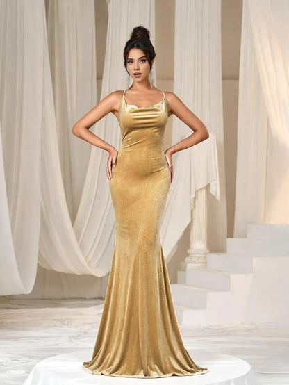 Classic Mermaid Cowl Neck Sleeveless Backless Sweep/Brush Train Prom Dress